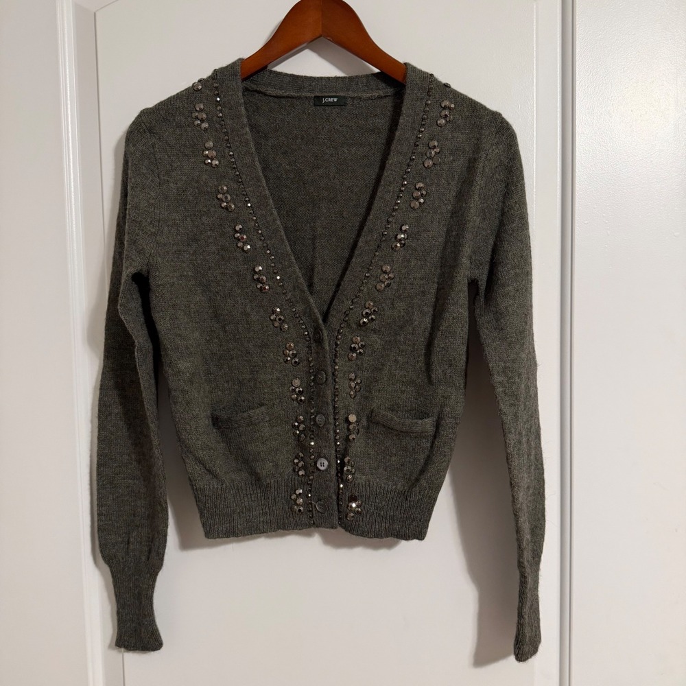 J.Crew Gray Beaded Sequin Embellished V-Neck Cardigan Sweater Heathered Gray